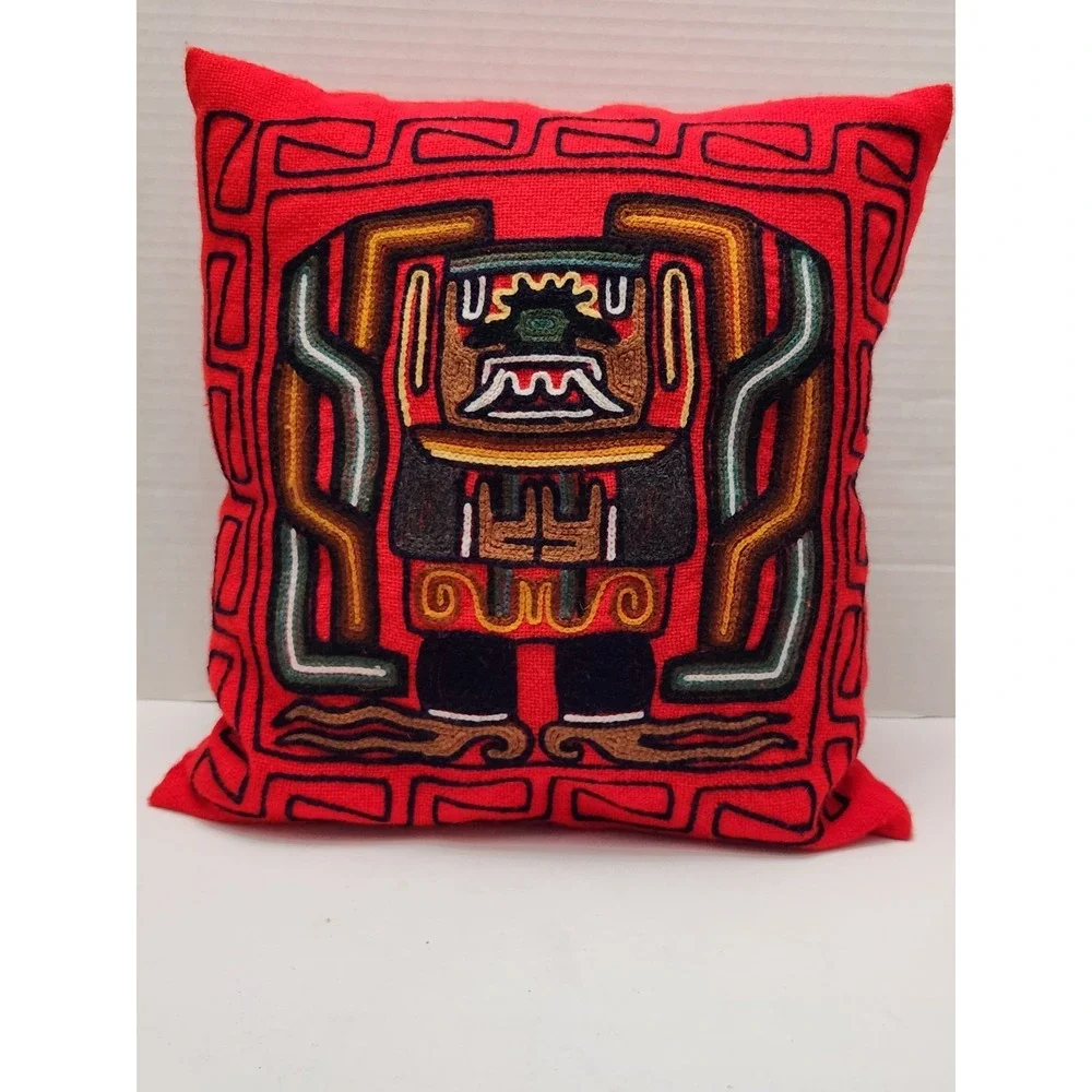 Handmade Embroidered Mexican Red Multicolor Aztec Print 15x15 Pillow Cover